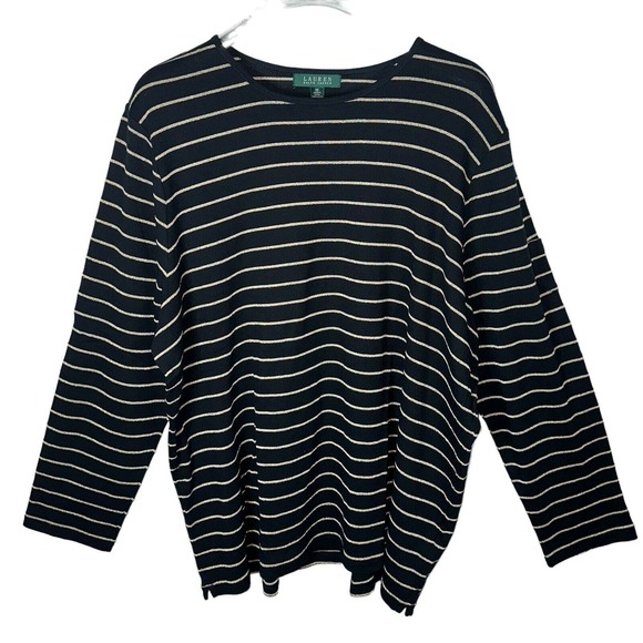 Lauren Ralph Lauren Top Knit L/S Logo Plus 3X Black Gold Metallic Cotton Blend - Picture 1 of 6